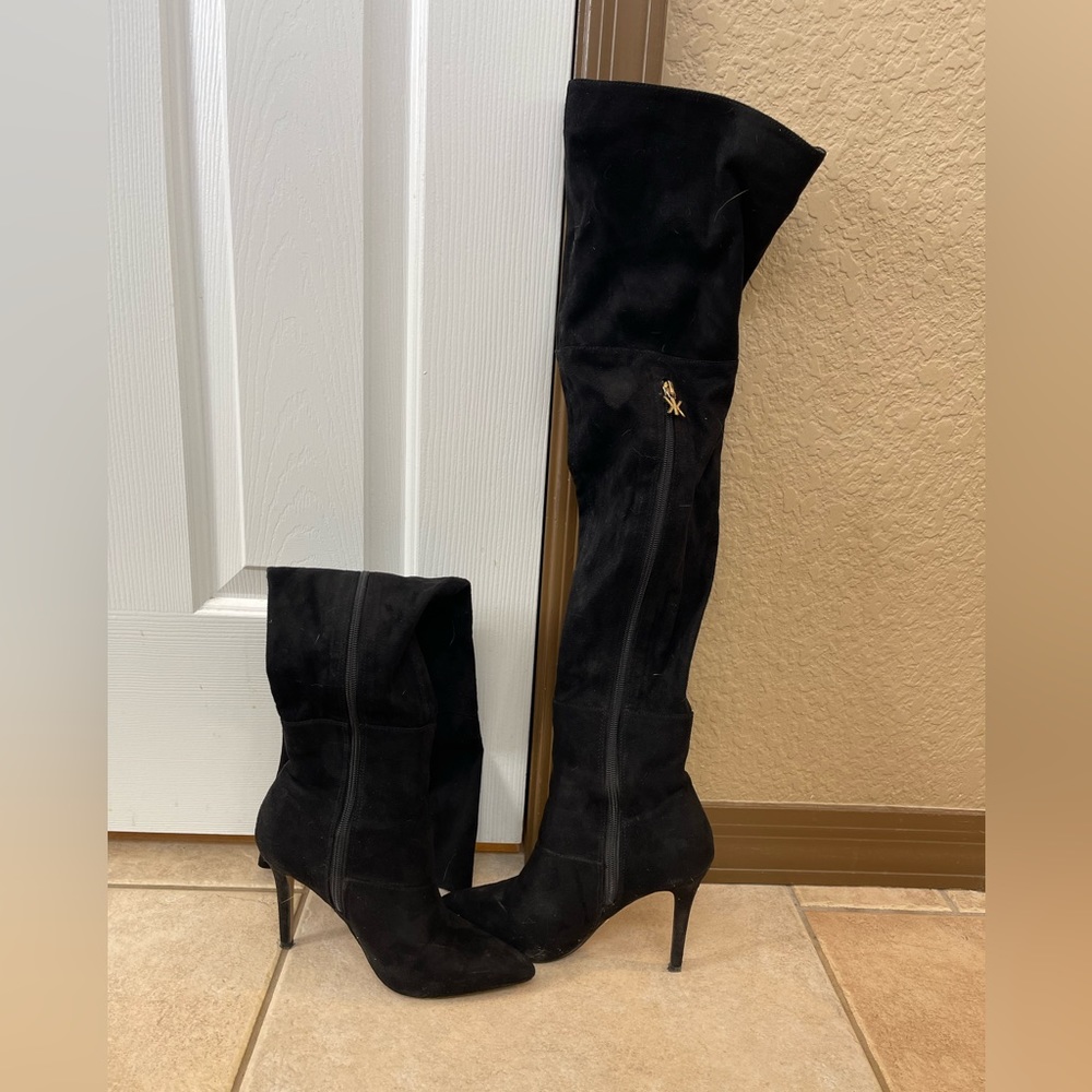 Kardashian collection. Black, suede, thigh, high boots.